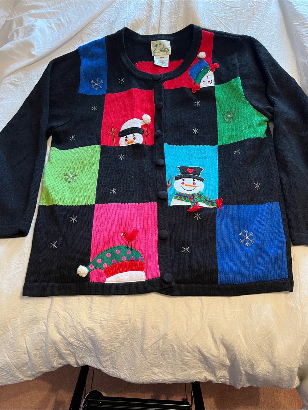 Quacker Factory Vintage Snowman Patchwork Christmas Cardigan Like NEW L